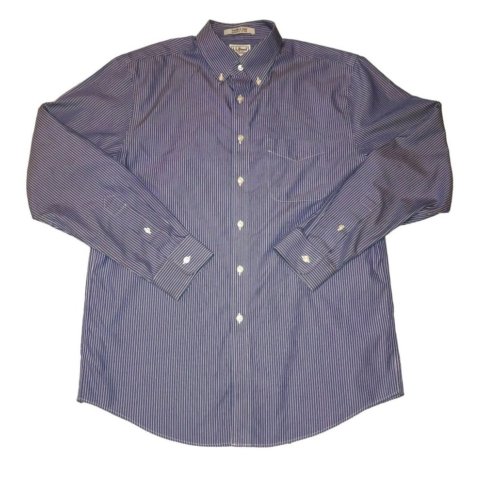 LL BEAN SLIGHTLY FITTED BUTTON SHIRT SZ 15.5 34 BLUE WHITE STRIPED COTTON MENS